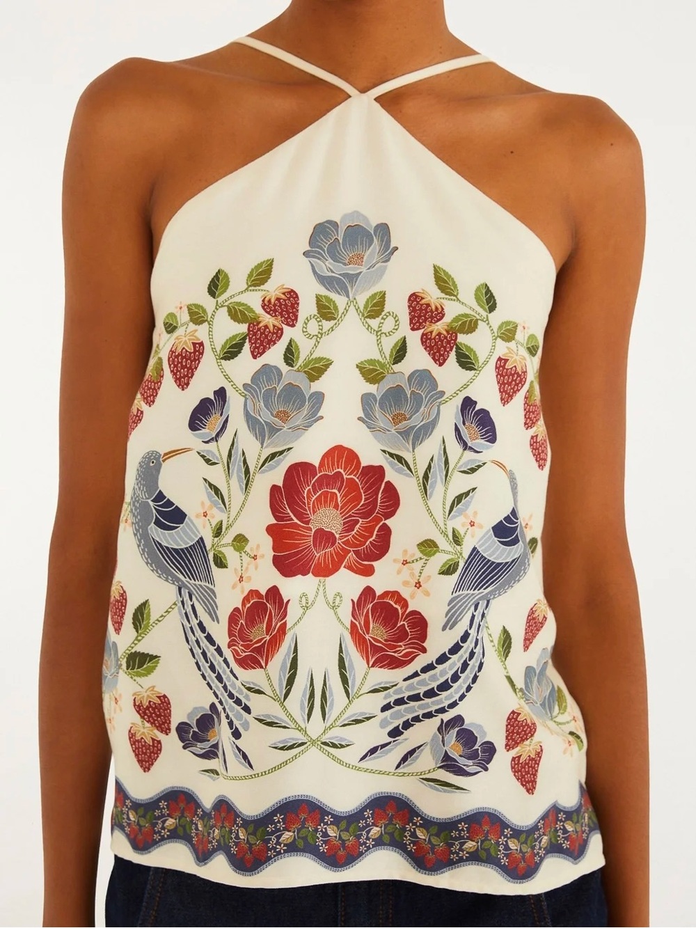 FARM Rio Cream Halter Camisole with Red & Blue Floral Embroidery